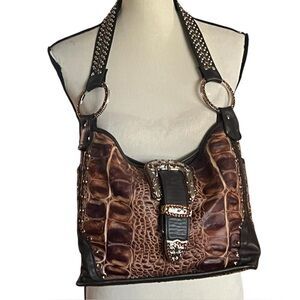 Raviani With Signed b.b.Simon Rhinestone Buckle Croc Embossed Leather Handbag.